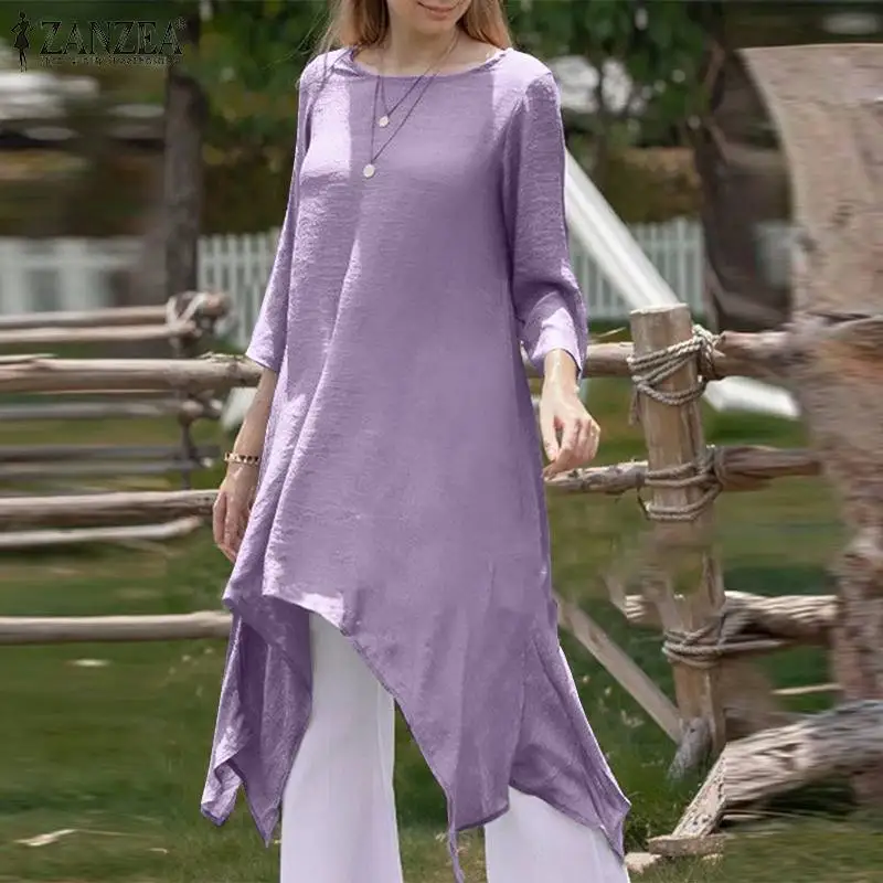 

Autumn Solid Long Blouse Women Casual O Neck 3/4 Sleeve Shirt ZANZEA Vintage Asymmetric Hem Chemise Female Oversized OL Chemise