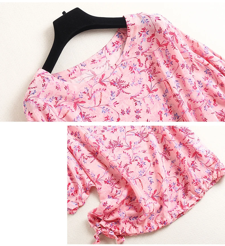 

100% Silk Women's Shirt O Neck Short Sleeves Printed Pullover Side Lace Up Fashion Blouse Tops