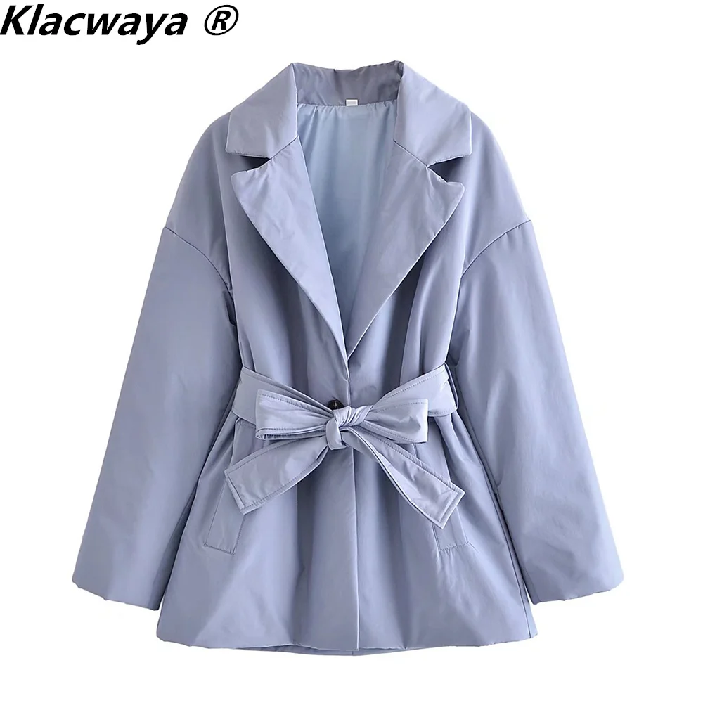 

Klacwaya женская зимняя куртка для женщин 2021 повседневное Стеганое пальто с бантом на поясе женские теплые куртки однотонные пальто с подкладкой