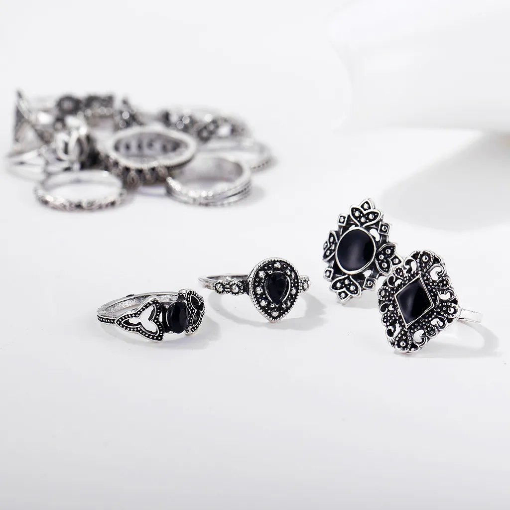 15pcs Silver Color Hollow Lotus Opal Vintage Rings Women Knuckle Ring Set for Mid Finger Thin Bague anillo12.27 | Украшения и