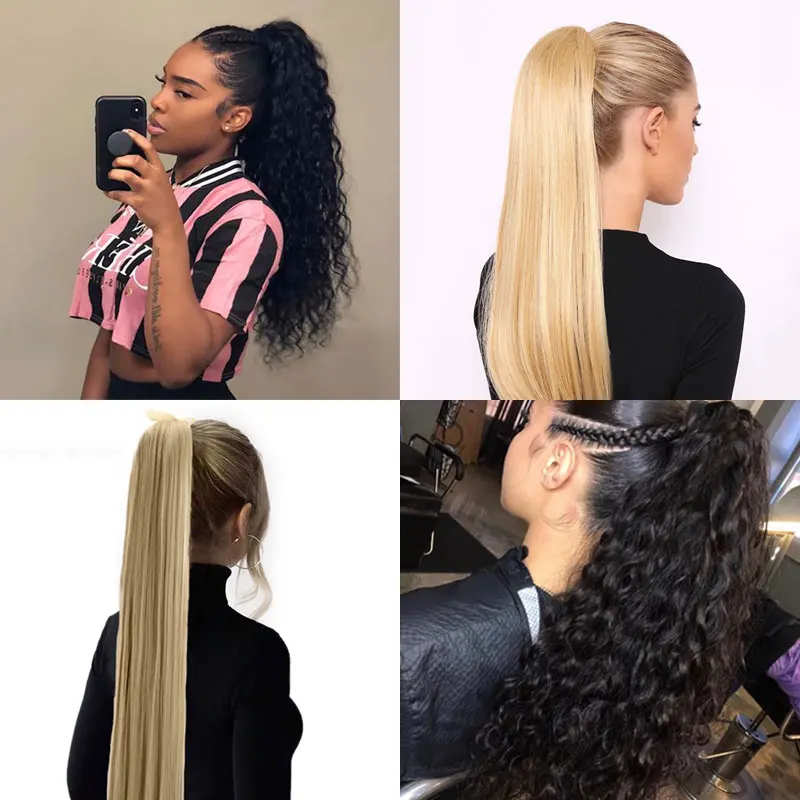 

32inchs Straight Ponytail Tie on hair extension synthetic Fiber Natural color heat-resistant Wigs for Women Hairpieces MUMUPI