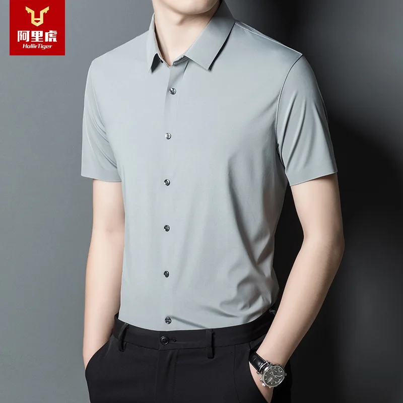 

Summer no iron shirt men's short sleeve youth slim light business dress white shirt solid color nylon thin