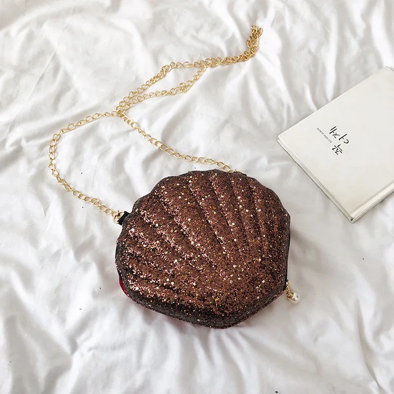 

Fashion Sequined Shoulder Bag Girl Teenager Pu Leather Handbags Cute Shell Shape Purse Mini Bag Messenger Bag Dress Accessory