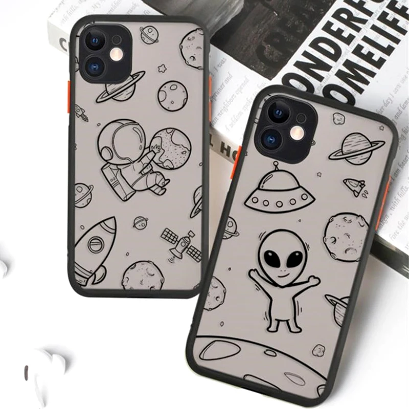 Matte Cartoon Saucer Man Astronaut Phone Case For iPhone 11 12 Pro X XR XS Max SE 2020 7 8 Plus Camera Protect Hard PC Cover