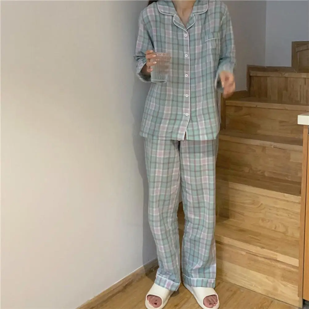 2 Pcs/set Women Pajamas Set  L-XXL Clothes Ladies Flannel Cotton Home Wear Suit Autumn Winter Pajamas Plaid Tops Pants
