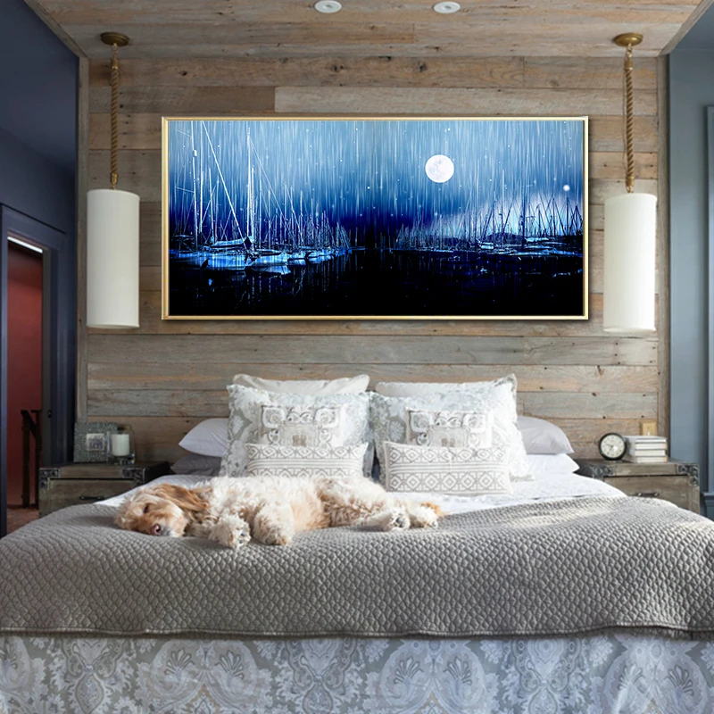 Абстрактная Скандинавская морской катер задний фон луна ночь пейзаж синего и