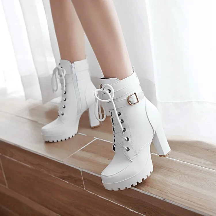 

Новинка, женские белые ботинки на высоком каблуке 10 см, на толстом высоком каблуке, с круглым носком, на молнии, обувь для мам, ботинки-лодочки, Женская Классическая обувь