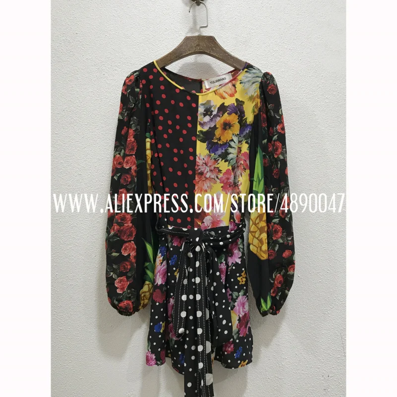 

Mixed print stitching silk belt mid-length blouse blouse high-quality women's Sicilian resort style long-sleeved shirt