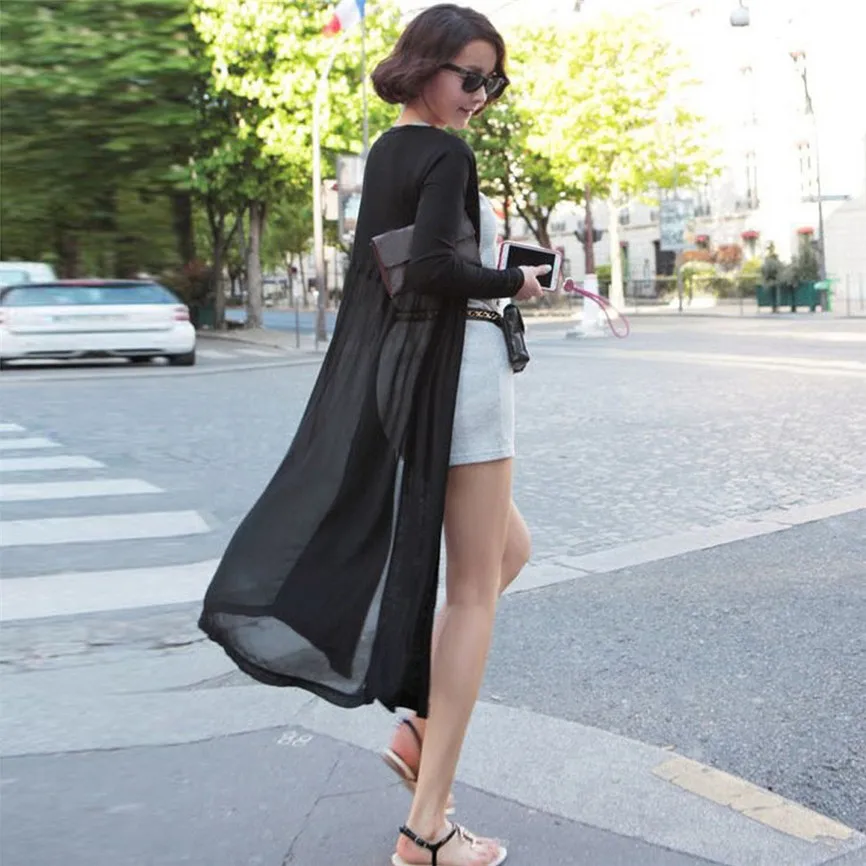 Летние женские куртки 2019 верхняя одежда пляжные в стиле бохо Длинный Шифоновый