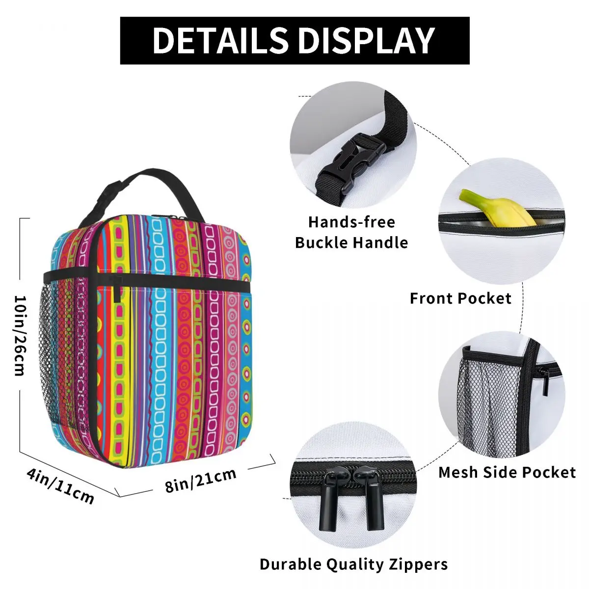 

Colorful Retro Stripes Boho Lunch Bag for Women Men Large Insulated Lunch Box with Water Bottle Holder and Pockets