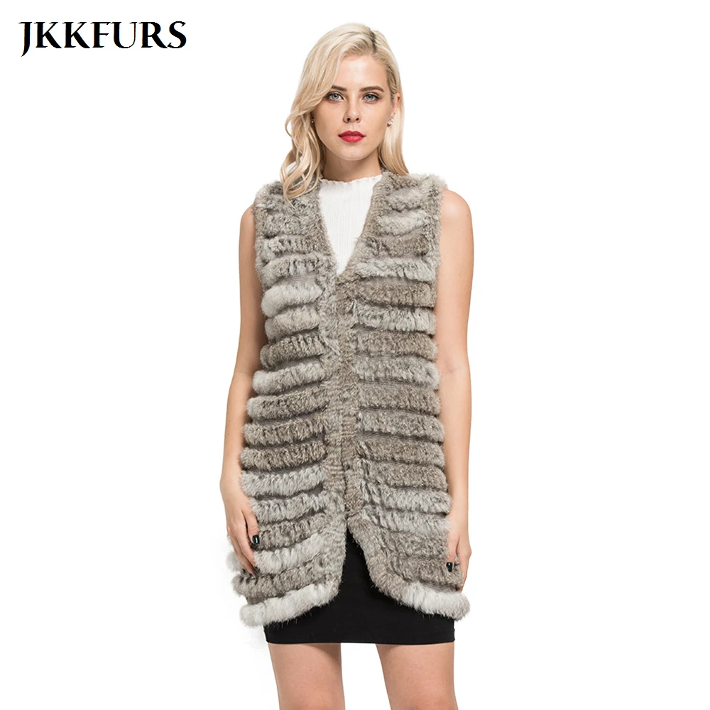 Новое поступление женский жилет JKKFURS из натурального кроличьего меха Длинный