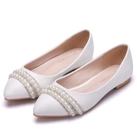 crystal queen women bridal shoes handmade lady pearl white wedding shoes flats sexy comfortable white pearl dress shoes