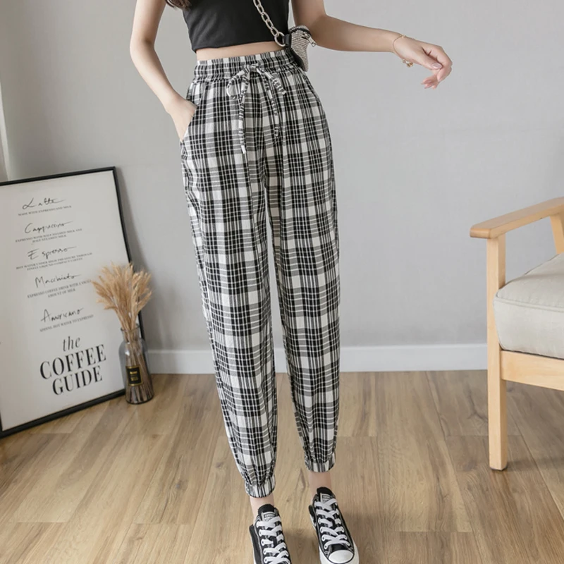 Брюки женские хлопковые в клетку с высокой талией и карманами | Женская одежда