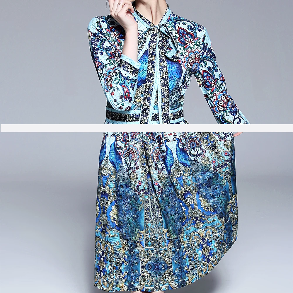 

Casual Women's Dresses Vintage Peacock Prints Stand-up Collar High Waist Retro Long Sleeve Swing Dress Vestido Feminino 2021