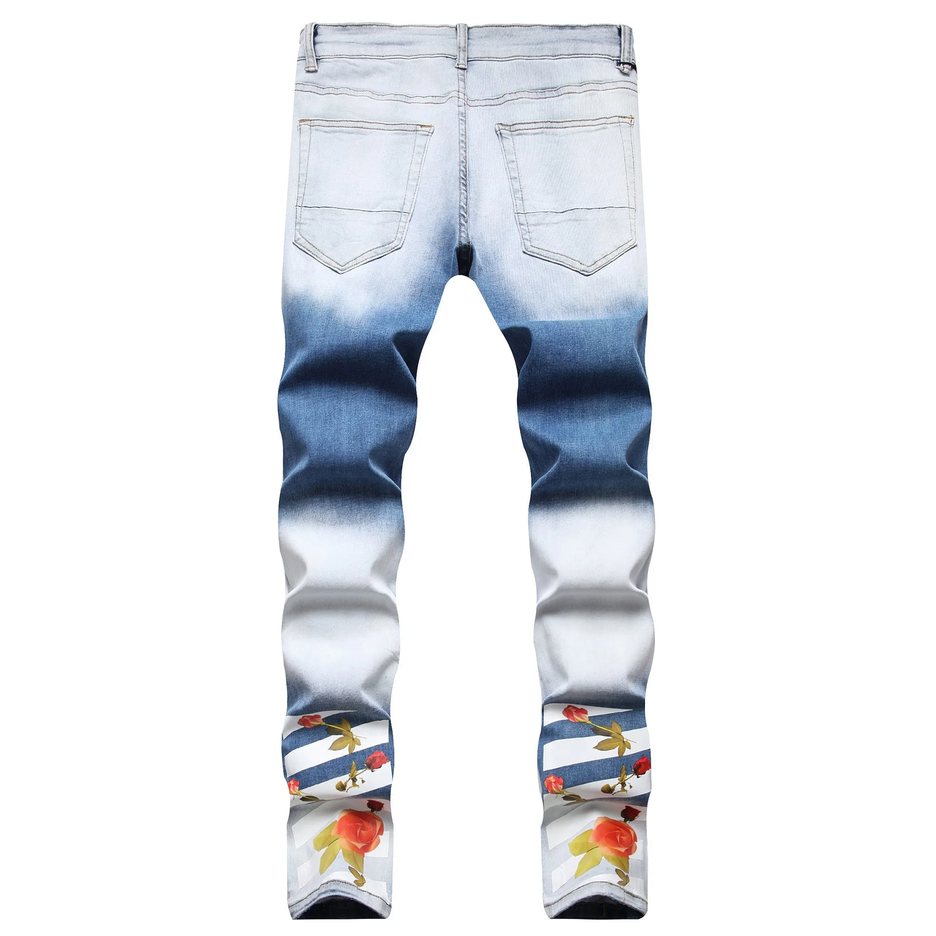 Men's Straight-leg Washed Light Blue Slim-fit Jeans Casual High Street Style Male's Gradient Stitching Denim Pants Autumn/winter