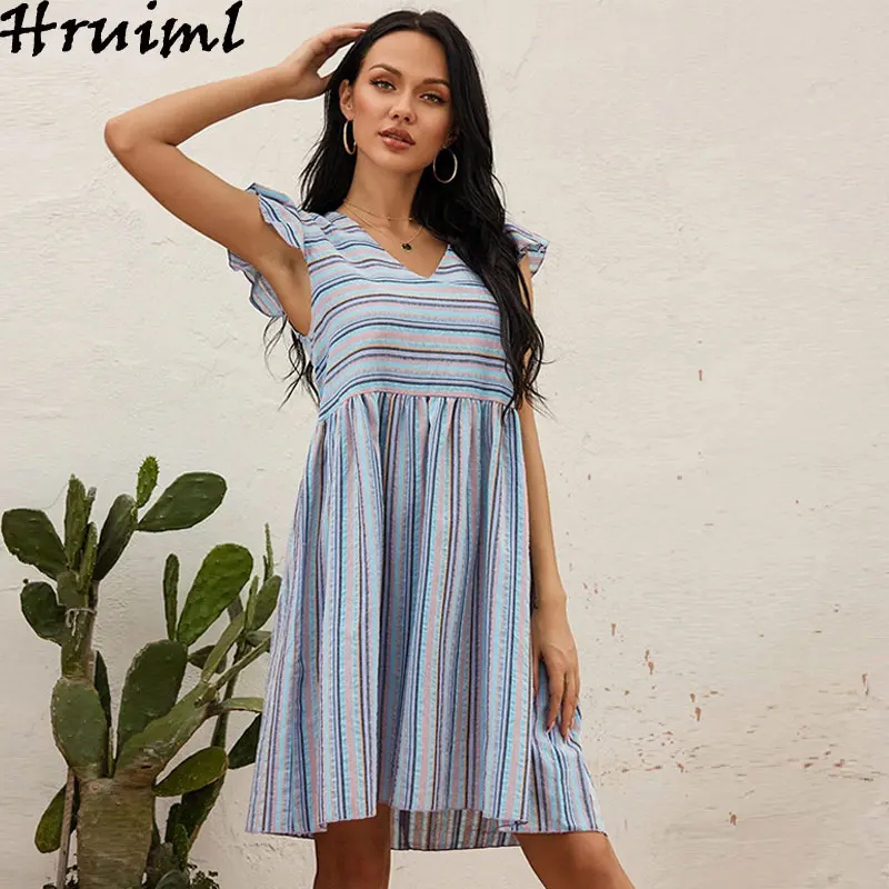 Женское платье трапеция в полоску с воланом на рукавах и высокой талией|Женские