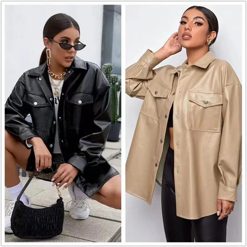 

Autumn and winter new relaxed leisure street shooting long sleeved motorcycle leather coat button coat female