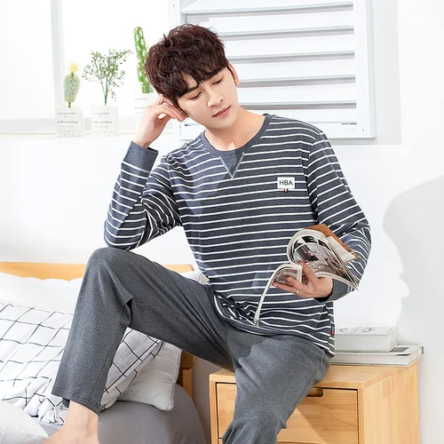 Осенне-зимние мужские хлопковые пижамы с буквенным принтом полосатые Мультяшные