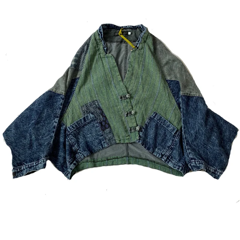 

LYUZHE Green Coffee Black Women Denim Jacket 2021 Women Striped Patchwork Jacket Female Batwing Sleeve Coat ZQY046D