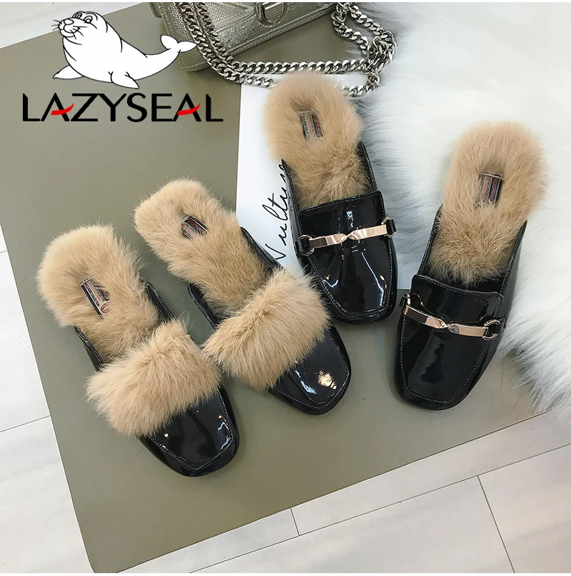LazySeal туфли без задника с натуральным мехом; женские тапочки с квадратным носом; женские Вьетнамки; женские пушистые шлепанцы; Pantuflas Mujer