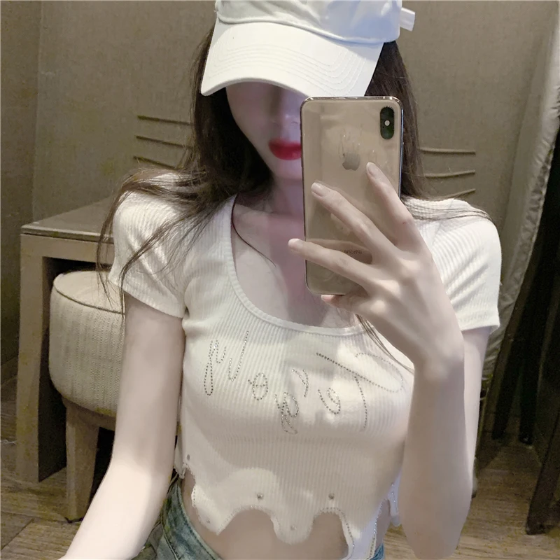 Женские асимметричные трикотажные футболки летняя женская рубашка Корейская