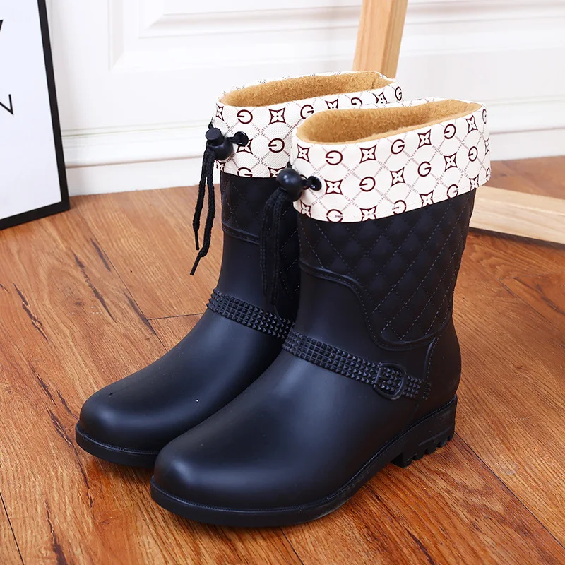 thicken black Женские непромокаемые сапоги из хлопка со съемным средним голенищем для взрослых; модные Нескользящие женские непромокаемые сапоги; непромокаемая обувь - Цвет: thicken black