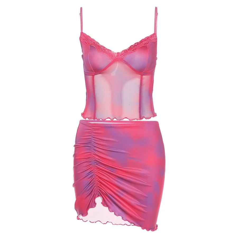 

Sylcue Summer european American sweet spicy girl tie-dyed camisole high waist half skirt shows a slim two-piece female all-match