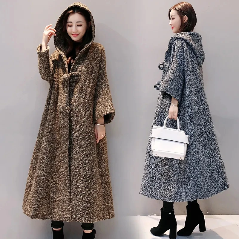 

Plus Size Women 2021 Autumn Winter Jacket Loose Thick Windbreaker Cardigan Cloak Coat Female Hooded Outwear 3/4 Sleeve Overcoat