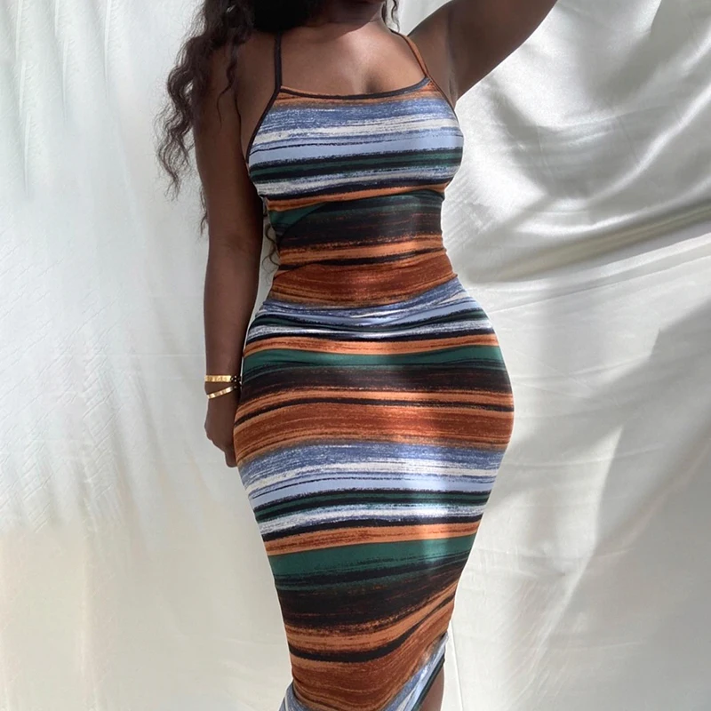 

Women’s Summer Sexy Sleeveless Backless Strap Skinny Dress Fashion Stripe Printing Suspender Halter Dress