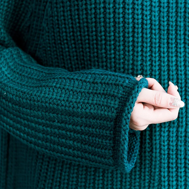 

Solid Color Sweaters For Female Dark Blue Tops Autumn Winter New Korean 100kg Lady Large Size Women's Loose Half High Collar