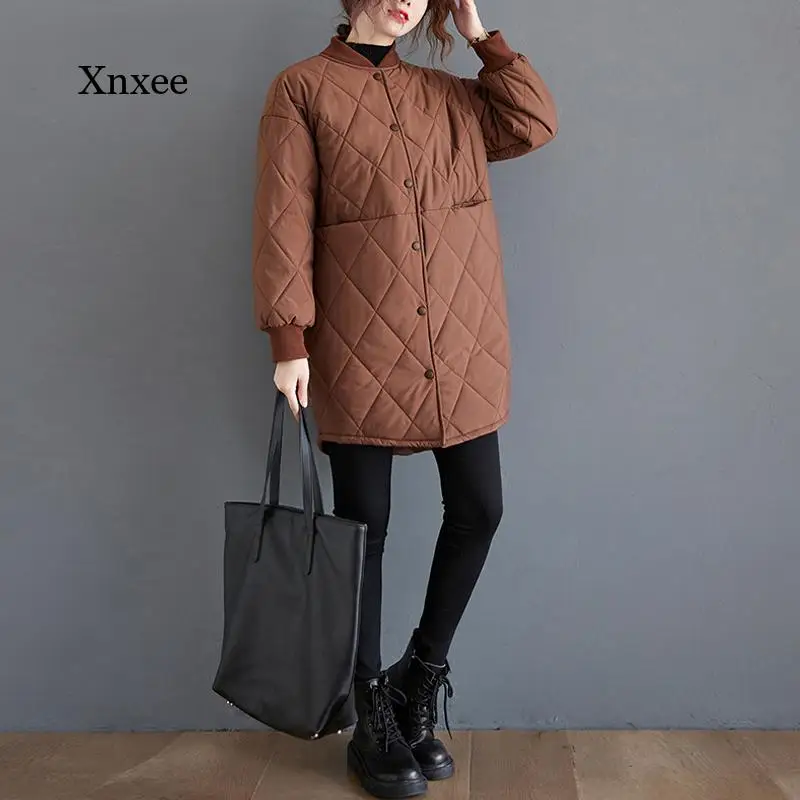 

Женское зимнее пуховое пальто с хлопковой подкладкой, женская одежда, Корейская однотонная теплая Свободная куртка средней длины с воротником-стойкой в стиле ретро