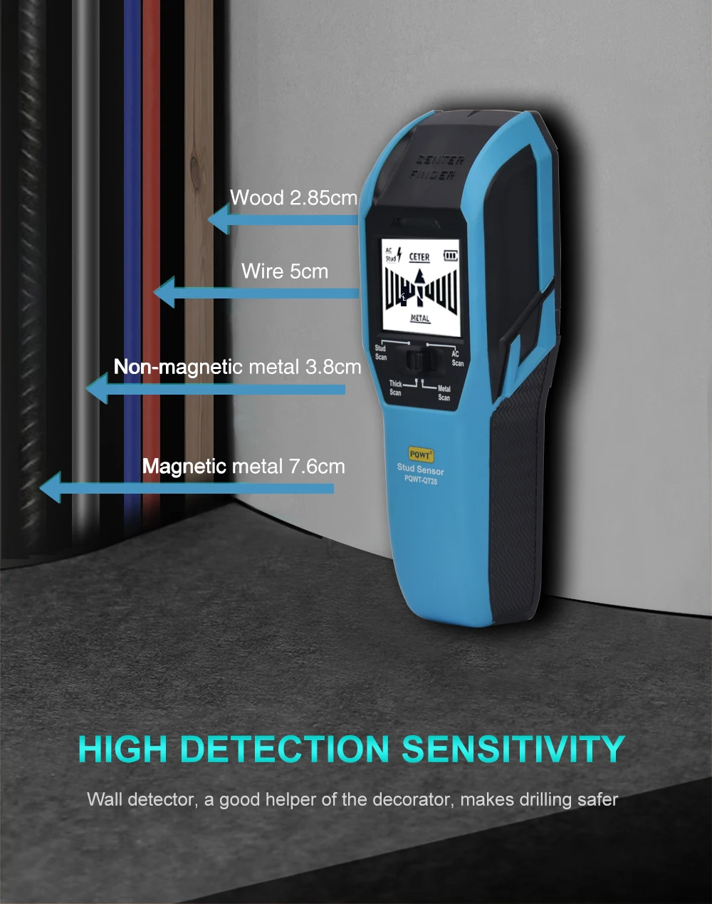 PQWT-QT28 Live Metal Scanning Detection Plasterboard Wires Portable Wall Scanner Wood Cable PVC Water Pipe Detector