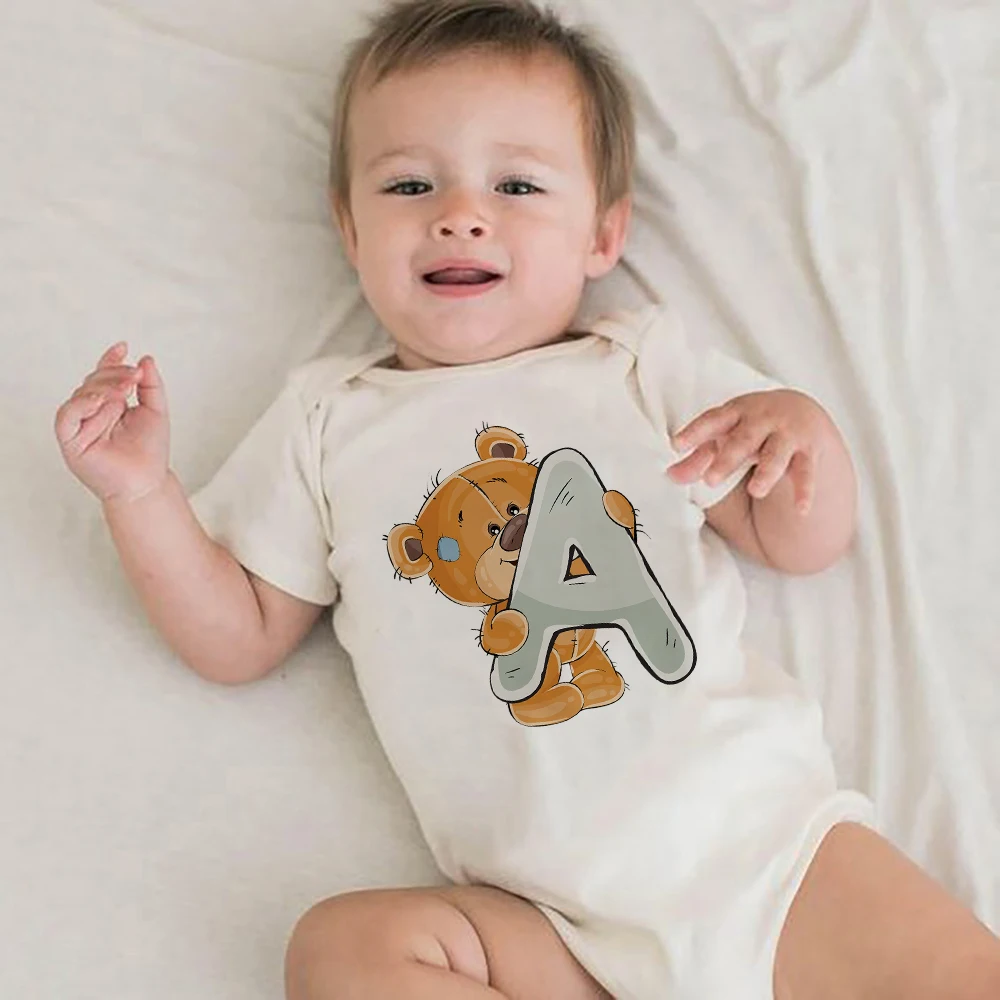 

Newborn Romper Last Name Letter Cartoon Bear Pattern Jumpsuit Boys Girls Clothes Birthday Gift Summer Toddler Baby Bodysuit