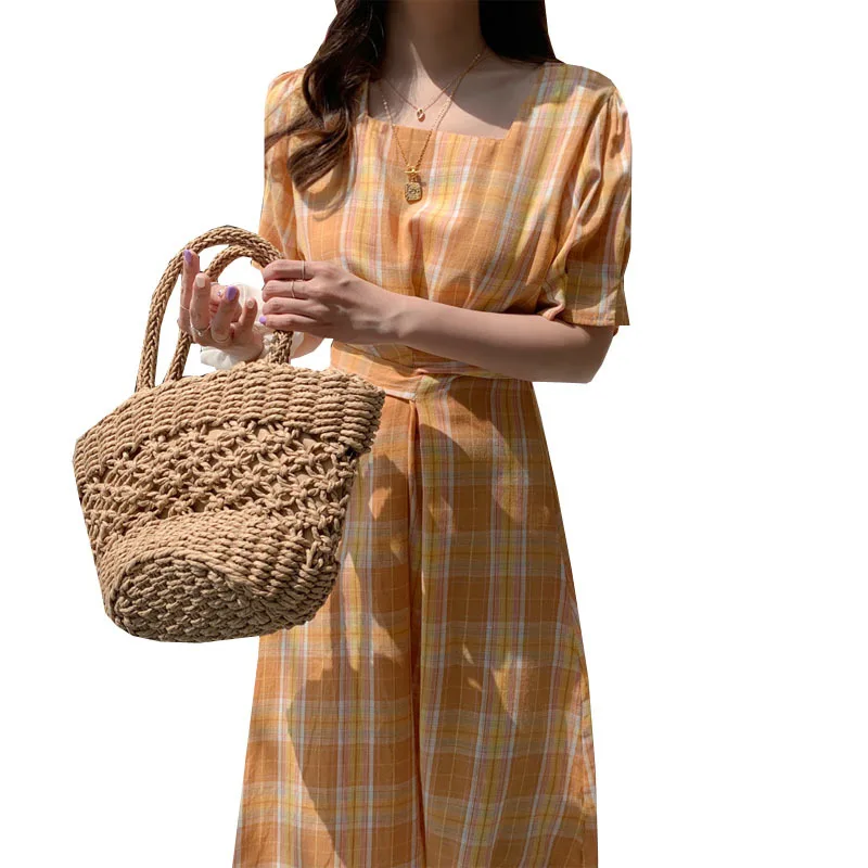 

2020 Fashion Women's Dresses Square Collar Short Sleeve Ladies Plaid Dress Summer Casual Female Midi Dresses Slim Waist Dress