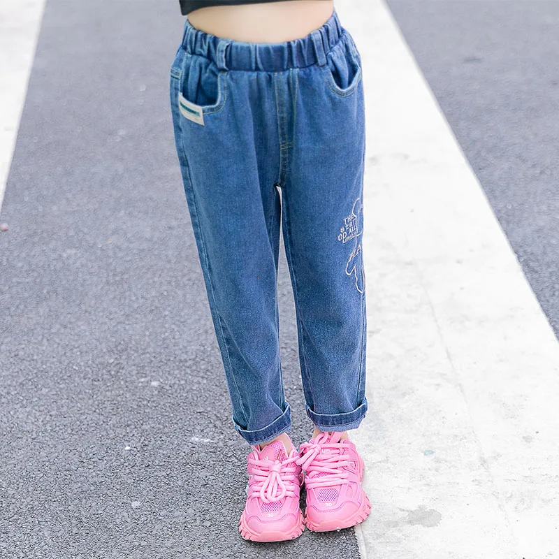 Осень 2020 детские джинсы однотонные для девочек модные с бантом штаны