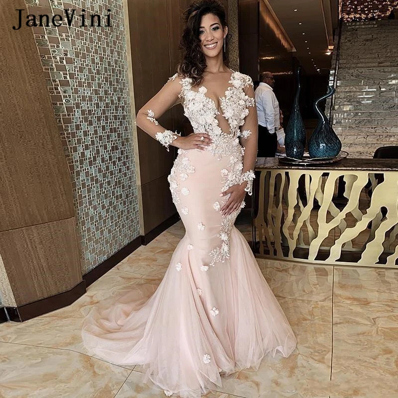 

JaneVini 2020 Charming Dubai Mermaid Long Sleeve Evening Dresses Sheer Neck Lace 3D Flowers Tulle Sweep Train Formal Party Gowns