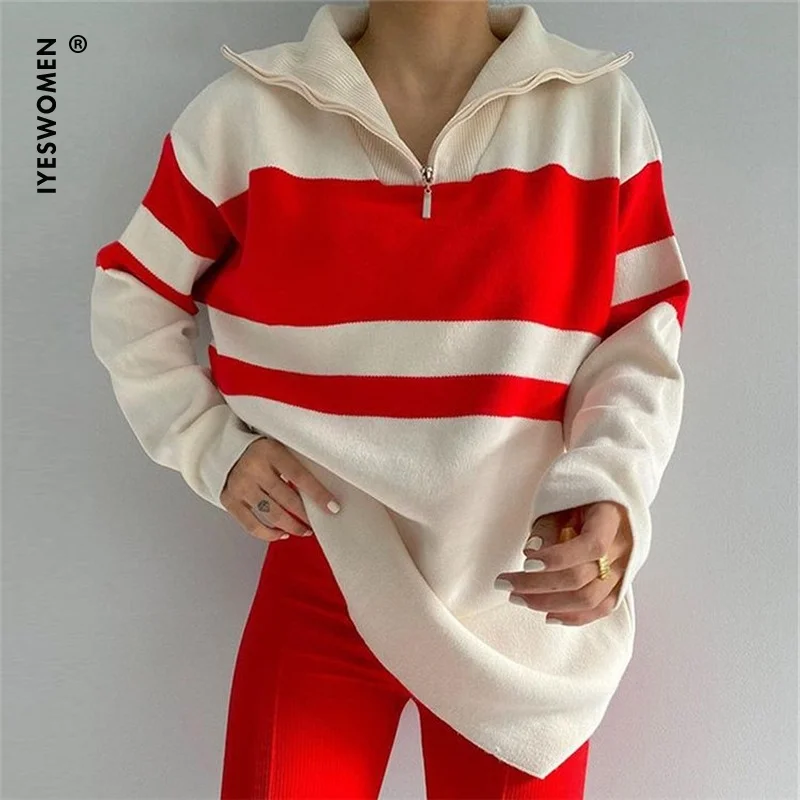 

IYESWOMEN Zipper Turn-Down Collar Sweater Women Long Sleeve Oversized Autumn Winter Knitted Pullover Fashion Striped Tops