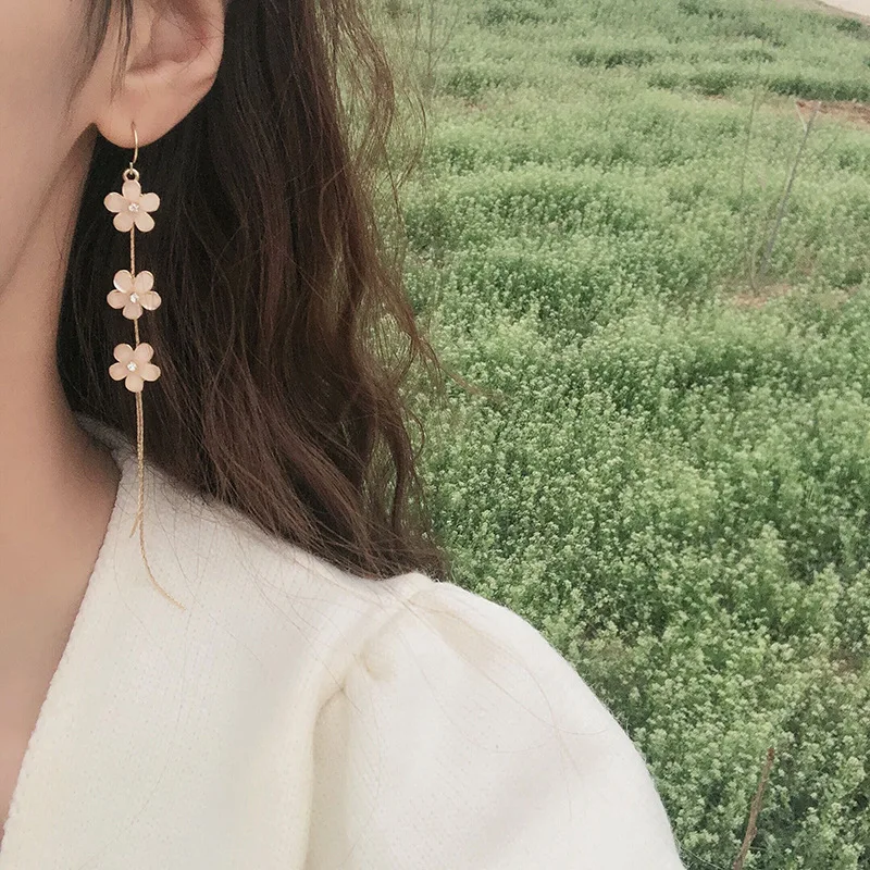 Стразы маленькие цветы длинные серьги-клипсы красивые серьги с кисточками для