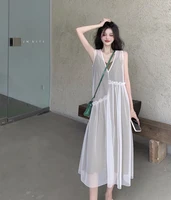 sexy transparent mesh v neck sleeveless suspenders solid color a line dress fairy summer 2021 new skirt women clothing summer