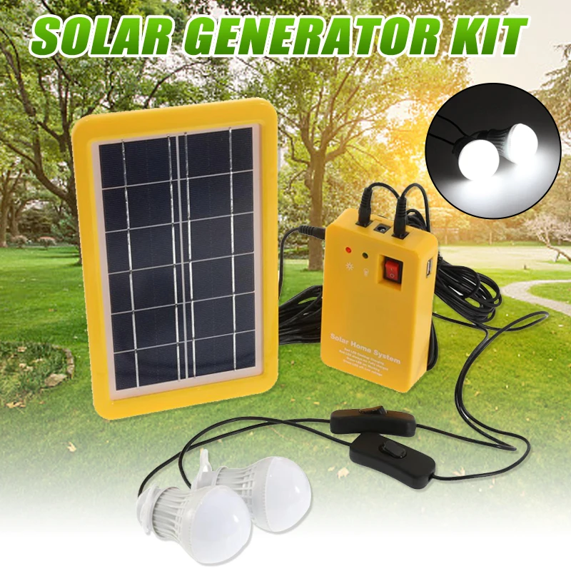 

3W Solar Panel Emergency Light Kit Solar Generator 4 Heads USB Charger Cable with 2 LED Light Bulb for Outdoor Camping Hiking