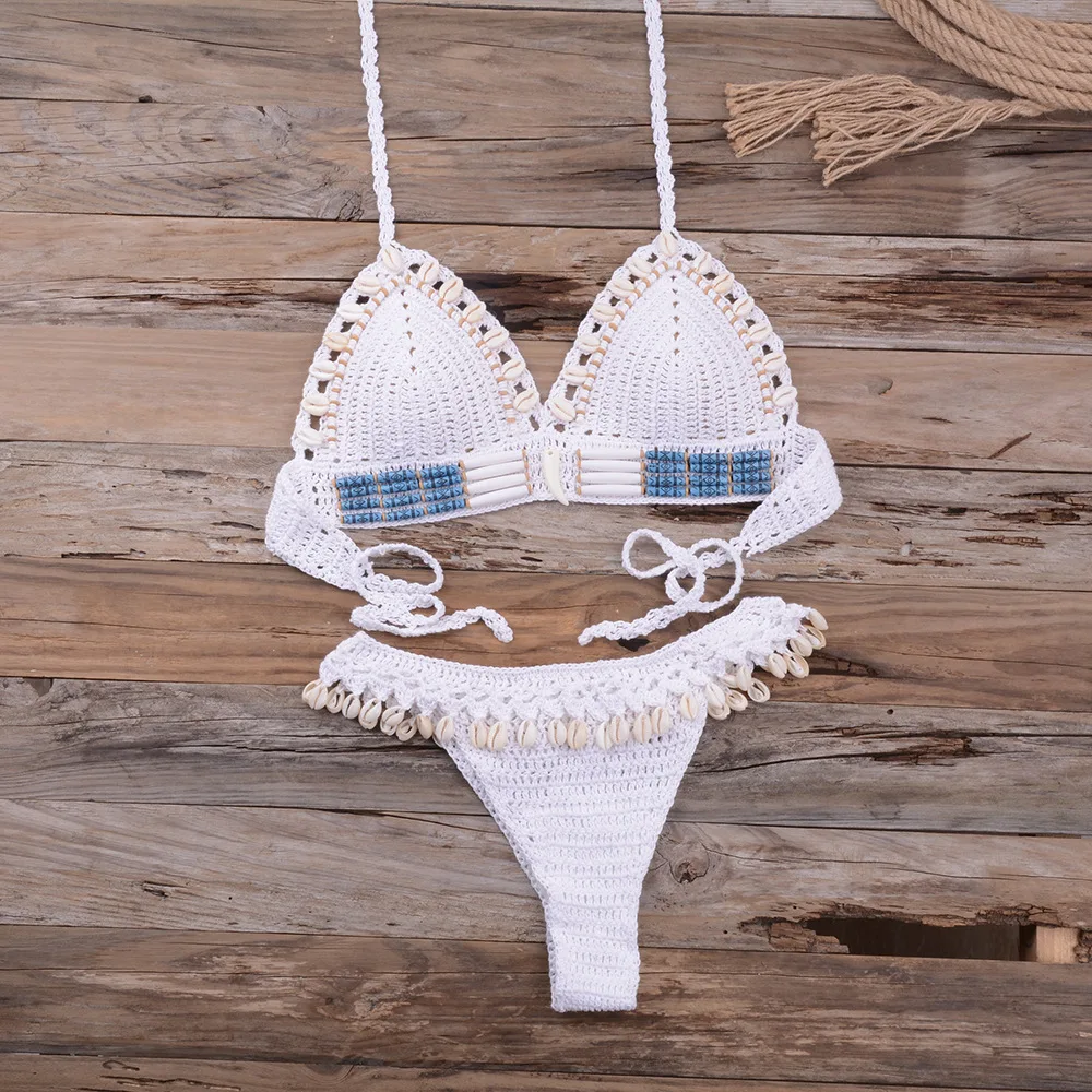 New! Women's Sexy Split Swimsuit Shell Woven Thong Swimsuit with Chest Pad without Steel Support