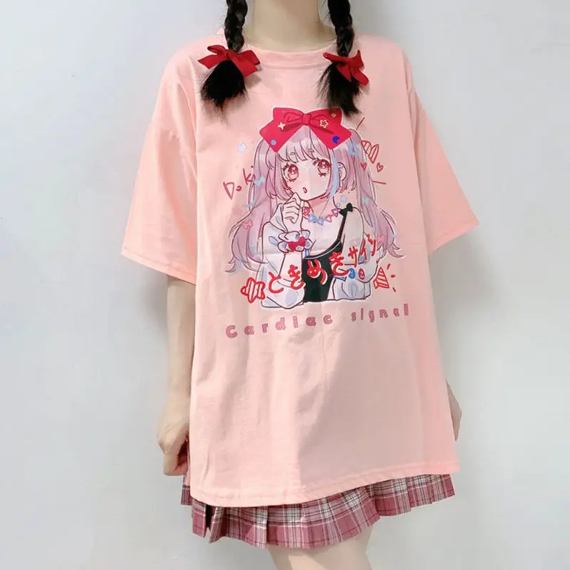 

Новинка 2021, Женская универсальная свободная футболка с коротким рукавом и мультипликационным японским рисунком в Корейском стиле, в стиле ...