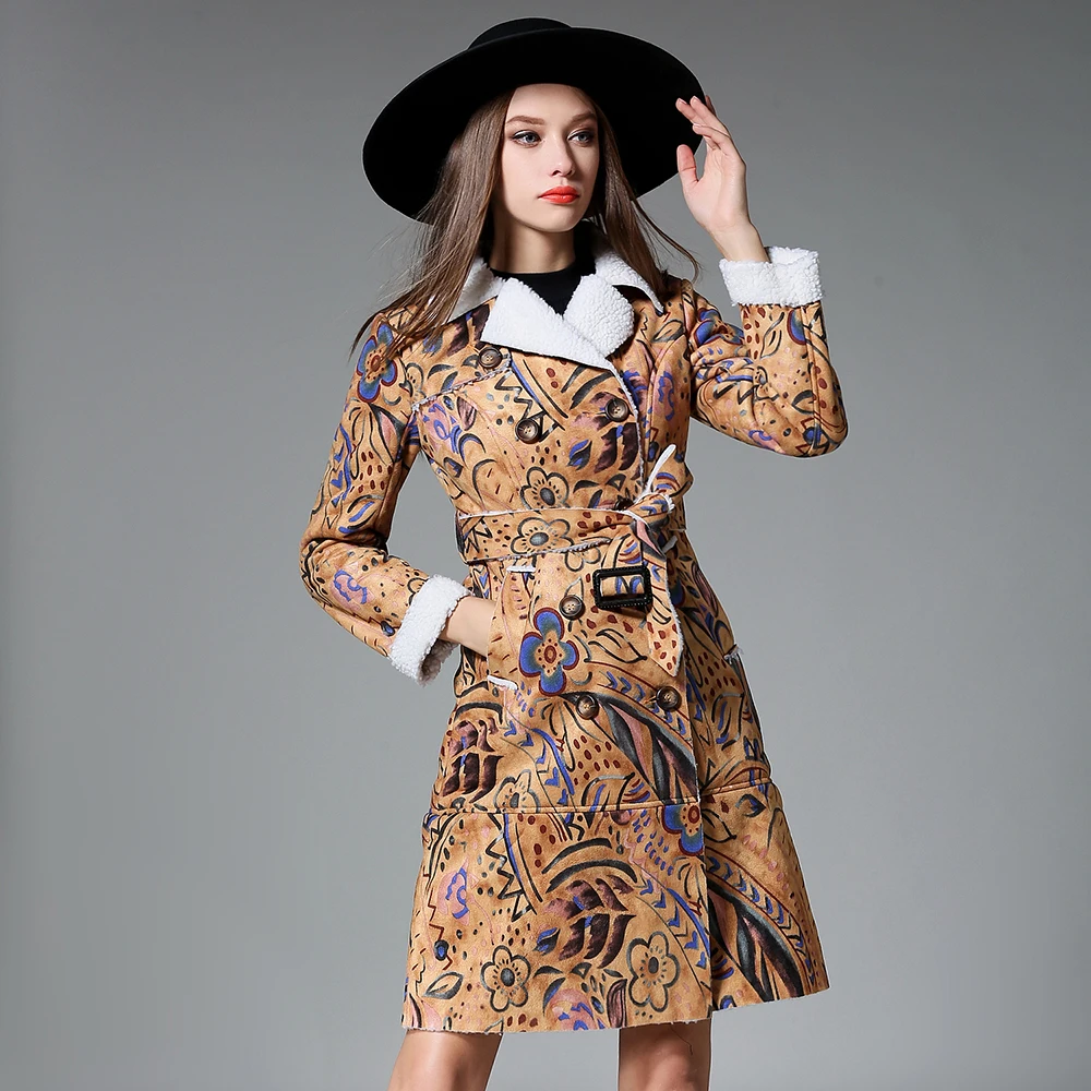 2019 зимние женские кожаные куртки с длинным рукавом цветочным принтом замшевая