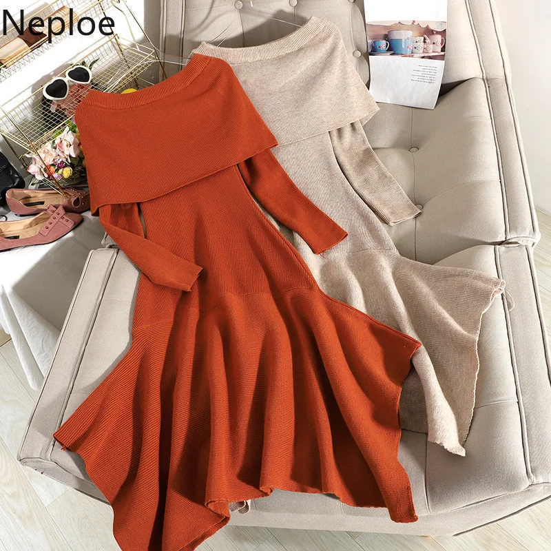 Женское платье с высокой талией асимметричное русалки свитер вырезом лодочкой и