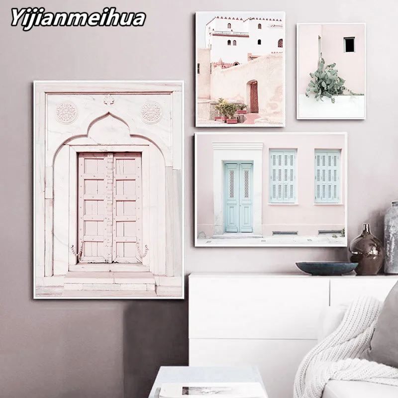 Pink Arabic Architecture Rural Landscape Poster Old House Bike Canvas Print Nature Wall Art Painting Nordic Decoration Picture | Дом и сад