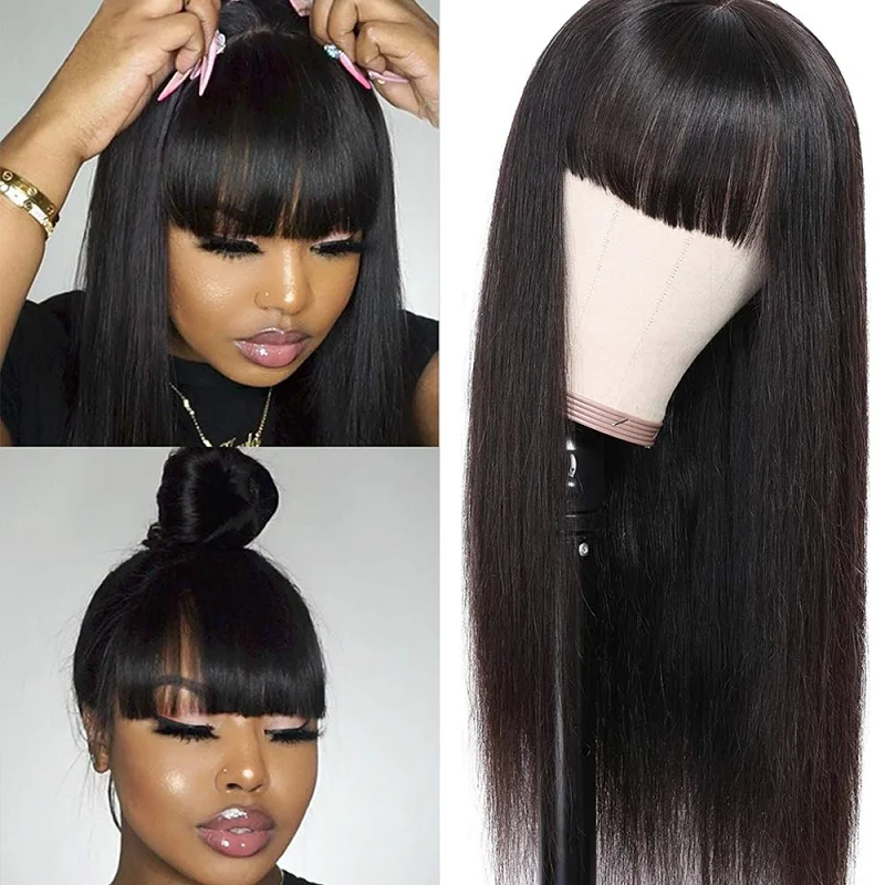 

Brazilian Remy Straight Human Hair Wigs With Bangs Long Natural Wig Full Machine Made Wig For Women Pre Plucked