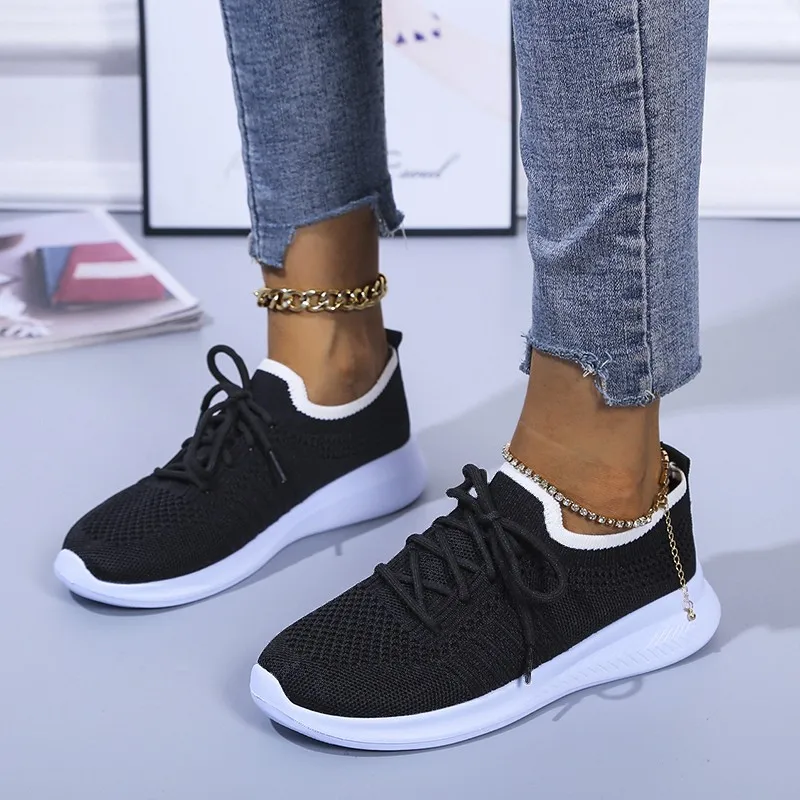 

Women's Casual Shoes Solid Color Knitted Mesh Breathable Lace-up Vulcanized Sneakers Comfortable Outdoor Running Shoes 2021