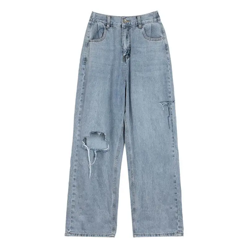 

Large size perforated jeans women's summer 2020 new high waist straight pants loose and thin wide leg pants fat mm200kg [deliver