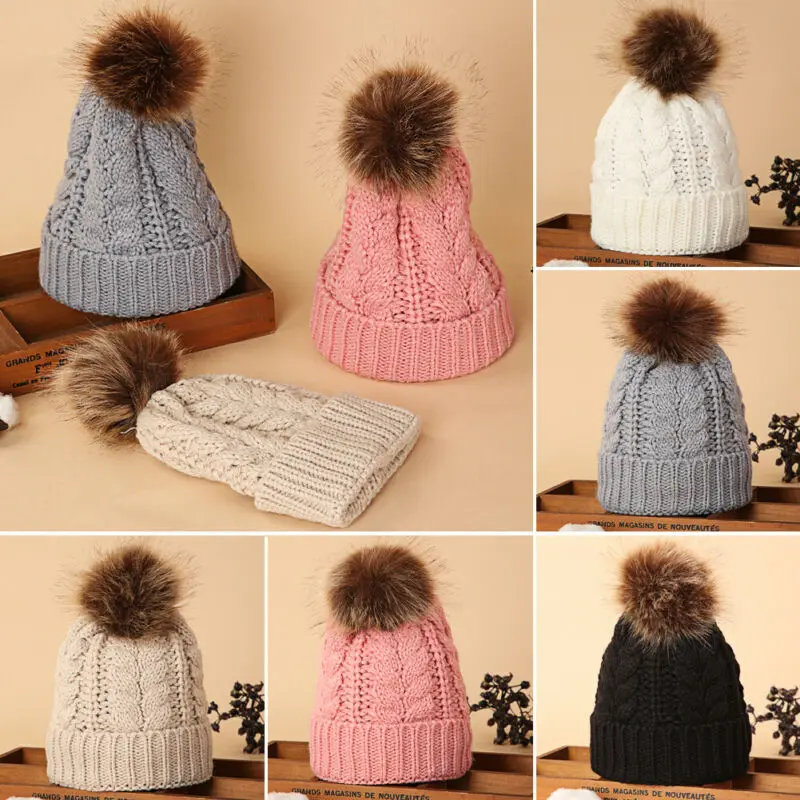 Mother Daughter Knitted Wool Pompom Hat Women Girl Winter Beanie Cap Family Matching Faux Fur Ball Crochet Knitting Hats | Детская