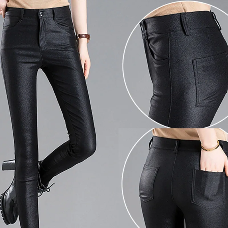 

Autumn Winter Warm Women's Pants 2021 New Female PU Leather Velvet Trousers Elastic Pencil Skinny Pants Women Tight Pants OK501
